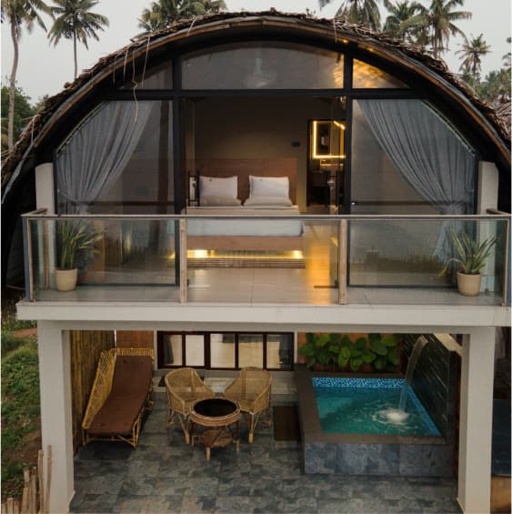 Front view of Tira Beach Resort showing balcony and plunge pool